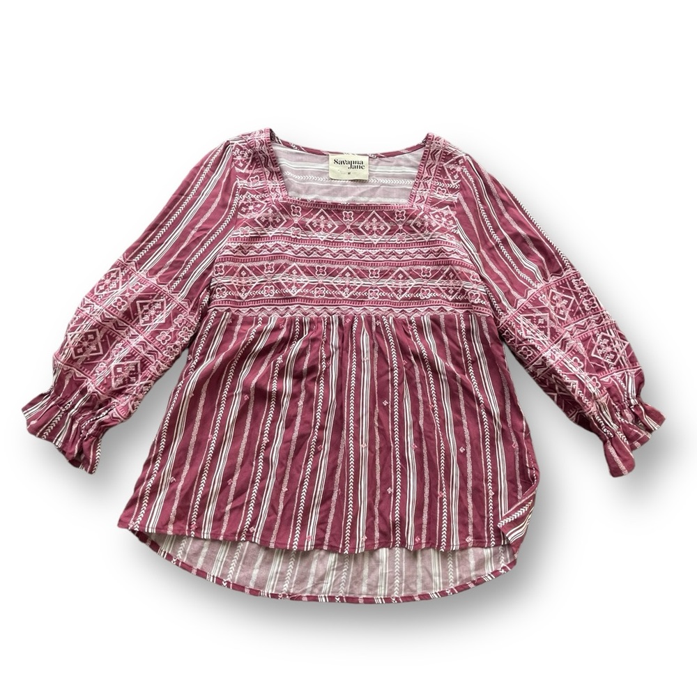 Savannah Jane Wine/Cream Embroidered Puff Sleeve Blouse Women's Size Medium